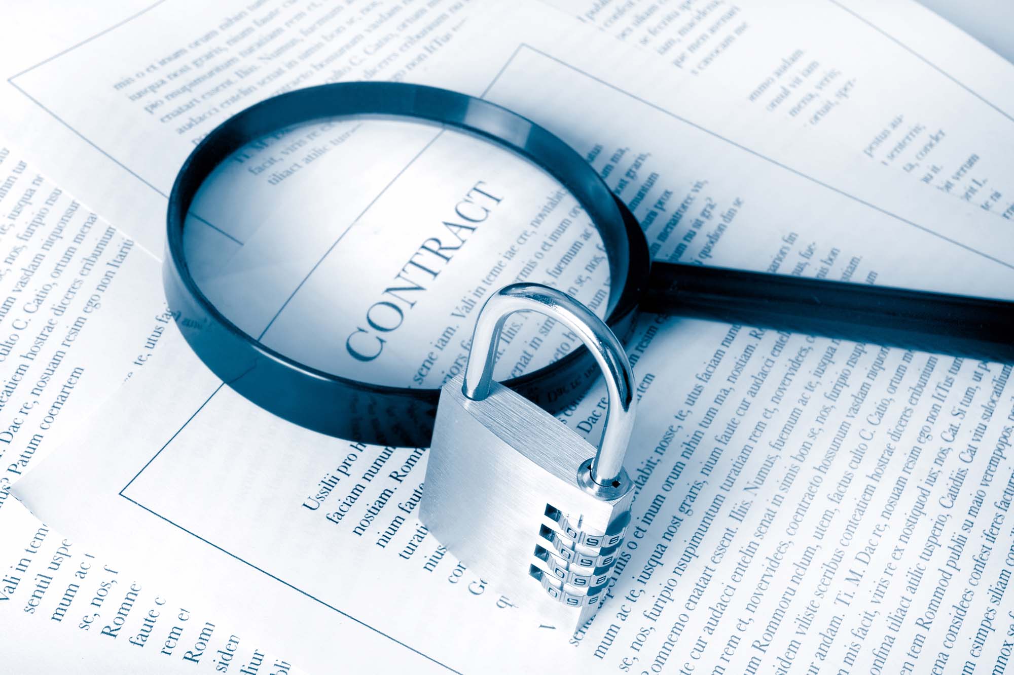 secure contract examining a contract with padlock to represent security and confidentiality