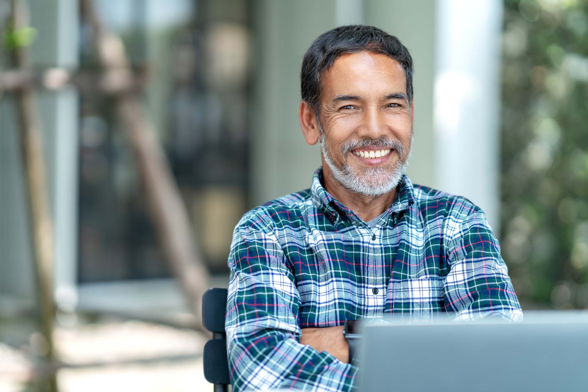 Portrait of happy mature man with white, grey stylish short bear Portrait of happy mature man with white, grey stylish short bear